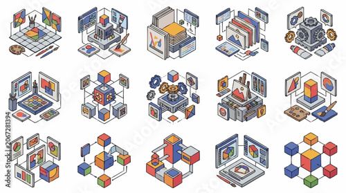 Isometric illustrations of digital art creation processes and creative workflows.