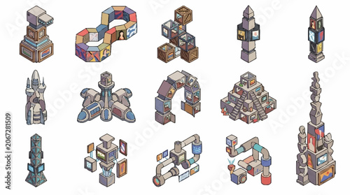 Collection of Isometric Pixel Art Buildings and Structures with Futuristic and Abstract Designs.