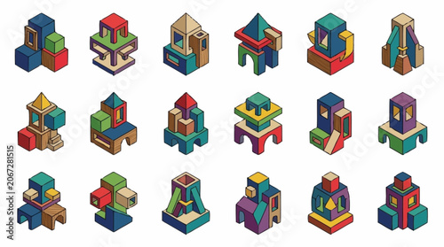 A collection of colorful isometric abstract building blocks and structures.
