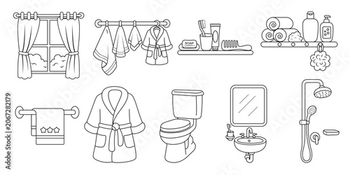Line art illustration with a bathroom theme, white background, for coloring.
