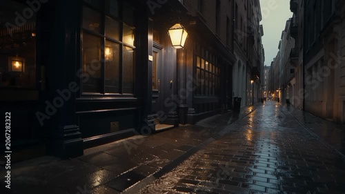 Moody narrow street in London at night with rain reflections on cobblestones. Seamless looping 4k video background