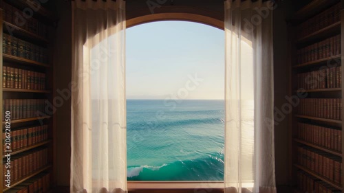 Ocean view seen through a library window with curtains at sunset. Seamless looping 4k video background