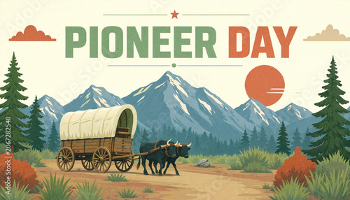 Pioneer day illustration with covered wagon and oxen in mountain landscape