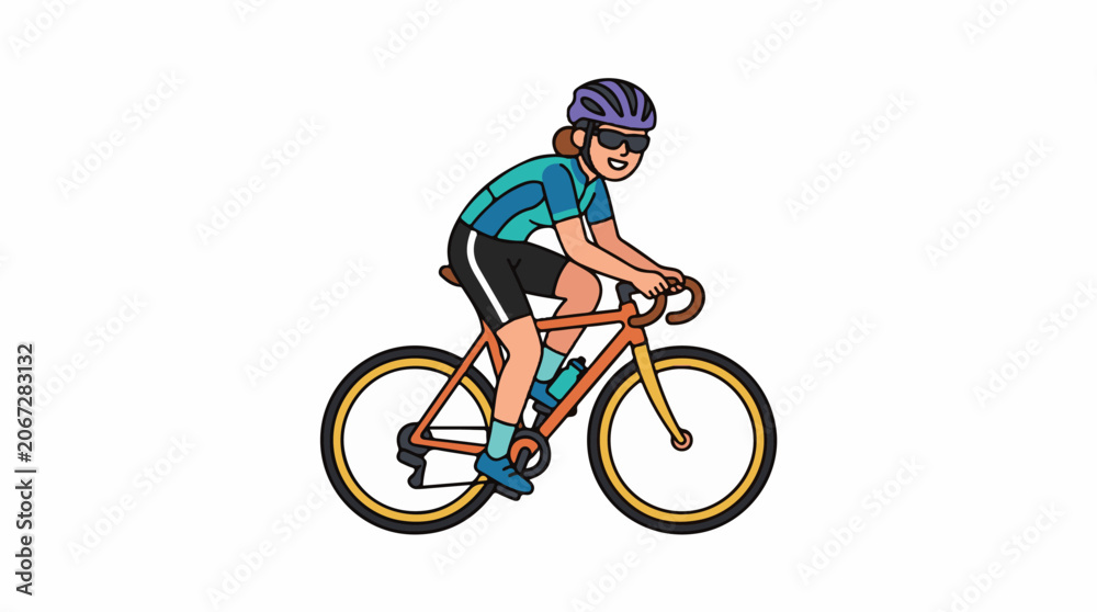 Obraz premium A cartoon woman wearing sunglasses and a purple helmet rides an orange bicycle