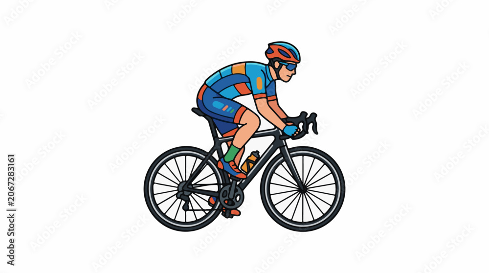 Fototapeta premium A cyclist wearing a blue and orange uniform rides a bicycle