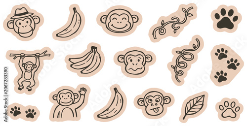 Photography Cute monkey and banana doodle stickers set for kids' crafts and decoration