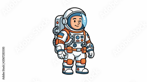 A cartoon astronaut wearing a white and orange space suit