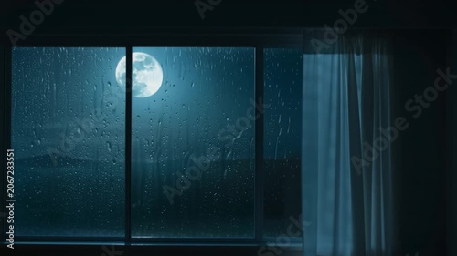 Rain drops on bedroom window glass with full moon at night. Seamless looping 4k video background