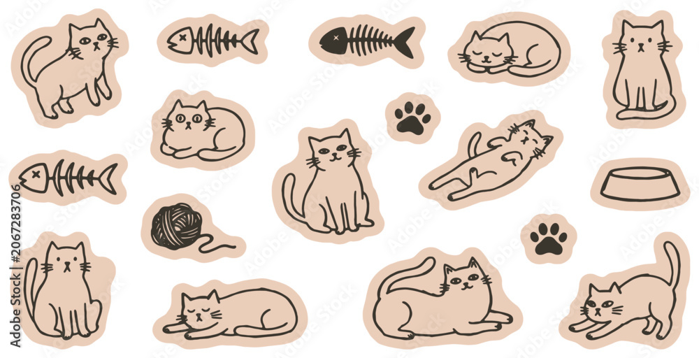 Obraz premium Set of cute cat and fish bone doodle stickers, hand drawn vector illustration of pet animals and accessories in various poses.