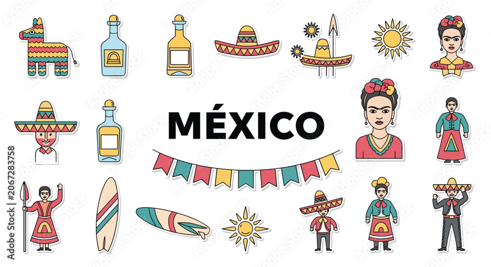 Fototapeta premium Collection of Mexico themed stickers and icons including Frida sombreros pinatas and tequila for travel and culture projects.
