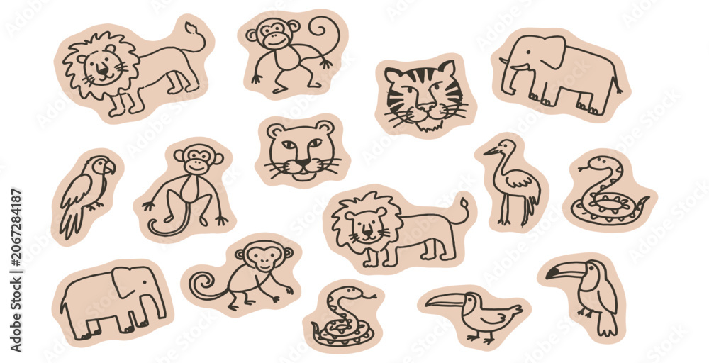Fototapeta premium Collection of hand-drawn jungle animals, including lions, monkeys, elephants, tigers, and snakes, for children's learning and creative projects.