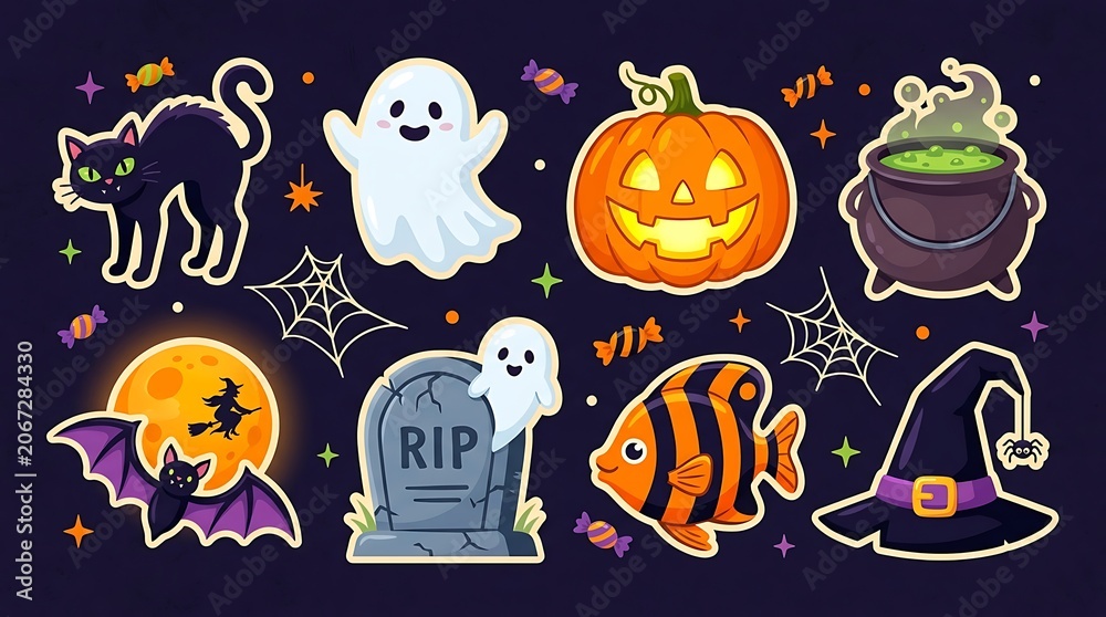 Fototapeta premium Cute Halloween sticker set with ghost pumpkin and cat illustration