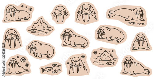 Foto Cute walrus and seal illustrations with icebergs and fish, perfect for children's designs and winter themes