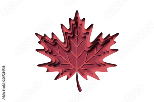 A layered paper cut style maple leaf in shades of red and pink, isolated on a solid black background, for autumn season themes
