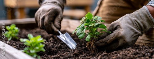 Gardening person transplanting small plant into soil in backyard  