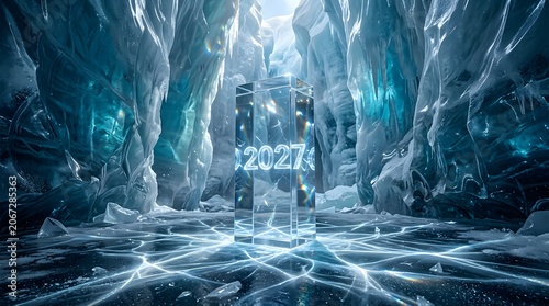 Futuristic ice cave with glowing 2027 glass cube