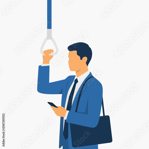 Businessman in blue suit holding a hand strap and using a smartphone while commuting vector illustration