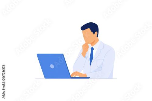 Male doctor or scientist in a lab coat sitting and working on a laptop medical research concept vector illustration