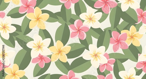 Seamless tropical pattern featuring colorful plumeria flowers in pink, yellow, and white, interspersed with green leaves on a light background, perfect for textile or digital designs.