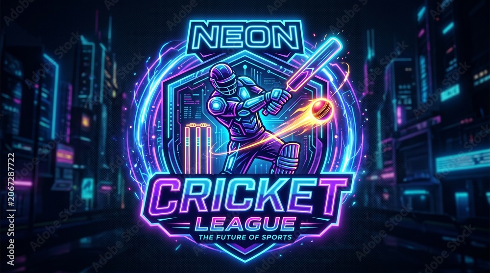 Obraz premium Neon cricket league logo glowing with futuristic energy, stylized player swinging bat, vibrant blue-purple-pink lights against digital textured background, merging traditional sport with modern cyb