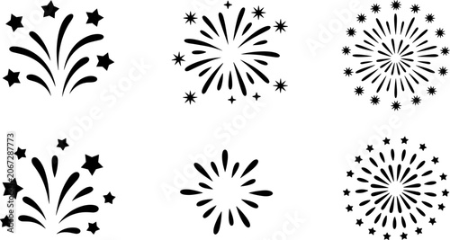 Fireworks Burst Silhouette Icon Set with Celebration Spark Explosion and Festive Decorative Elements Collection