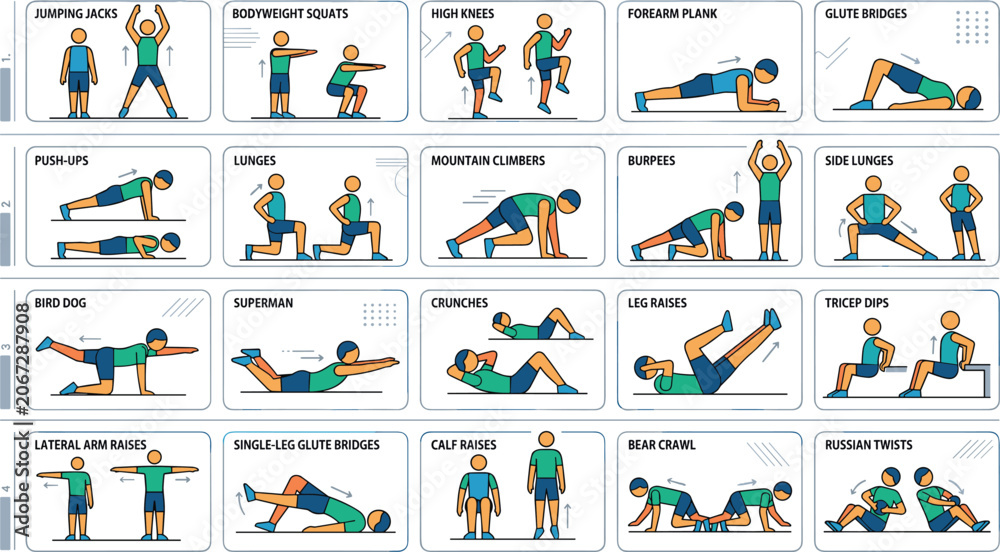 Fototapeta premium Bodyweight workout routine infographic chart displaying step by step fitness exercise cards for home training poster and gym coaching presentation template