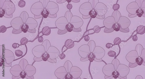 A seamless pattern of delicate purple orchids with buds on a soft lavender background, creating a beautiful floral textile design.