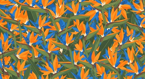 A vibrant, densely packed pattern of Strelitzia reginae, commonly known as the Bird of Paradise flower, showcasing its iconic orange petals and blue crests amidst lush green foliage.