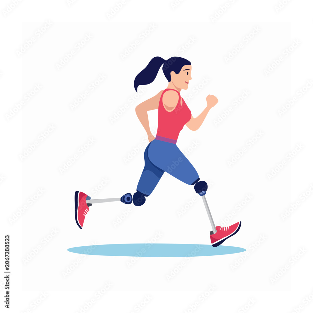 Obraz premium Woman running with prosthetic leg, flat vector illustration