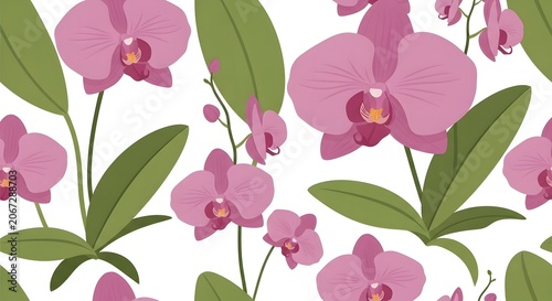 Seamless pattern featuring vibrant pink orchid flowers and lush green leaves on a clean white background, ideal for textile design or digital wallpaper.