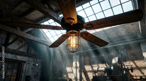 A wooden ceiling fan with five blades and a central light bulb protected by a metal cage hangs in a rustic interior. Ideal for interior design and home decor catalogs.