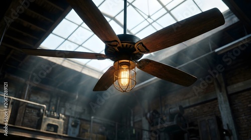 Close-up of an old ceiling fan with a warm light in a hazy workshop setting with a skylight above. Ideal for vintage industrial themes and atmospheric storytelling.