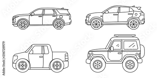 Line drawing of a car on a white background, ready for coloring.