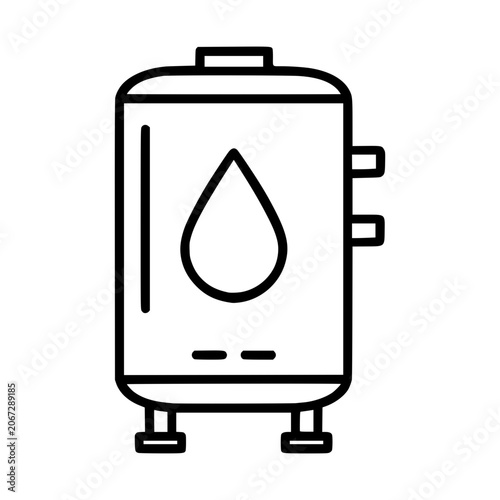 Water Tank Icon: A simple, clean icon representing a water tank with a prominent drop symbol, suitable for illustrating water supply, storage, or related industrial concepts.