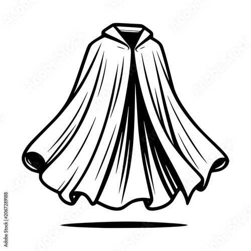 Superhero Cape Silhouette: A flowing superhero cape with a hood, rendered in a dramatic black and white illustration, evokes mystery and power.