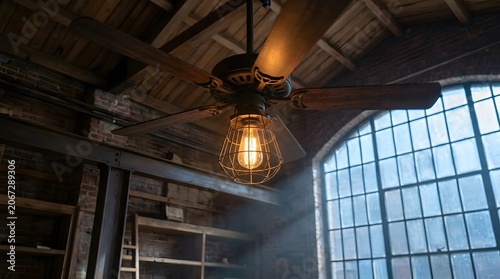 A wooden-bladed ceiling fan with a caged vintage bulb hangs in a moody loft featuring brick walls and a large window. Ideal for interior design blogs and home decor articles.
