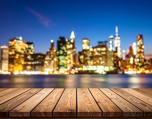 City Skyline at Night from Wooden Dock.
