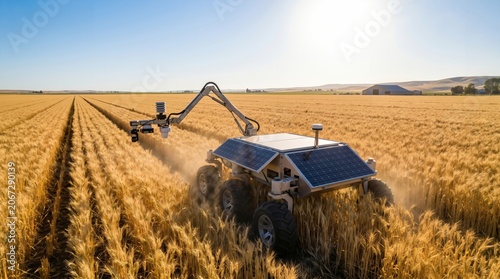 Autonomous solar powered agricultural robot working in a golden wheat field during sunset