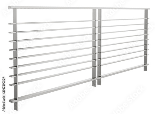 high-quality 3d realistic render of a modern chrome steel handrail with horizontal bars and metallic satin finish for contemporary architectural construction visualization