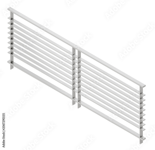 realistic 3d orthographic render of a minimalist stainless steel handrail structure with multiple horizontal bars and parallel metallic tubes for safety framing
