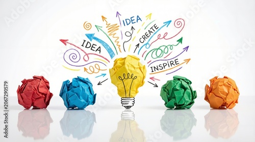 Creative light bulb idea concept with colorful swirls and text create inspire on white background