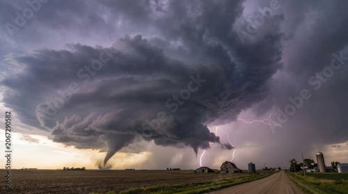 Severe weather storm system with dark clouds and tornado approaching farm buildings in rural landscape at sunset