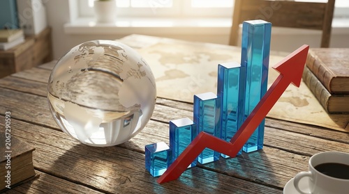 Financial market success illustration with rising arrow graph globe and antique books on desk