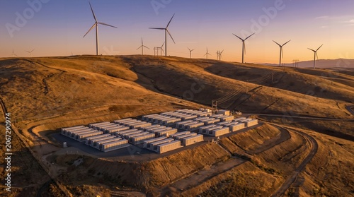 Aerial view of industrial battery storage system and wind turbines in hilly landscape at sunset