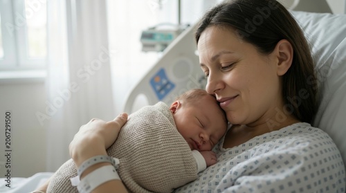 Young mother smiling while holding her swaddled newborn baby in a hospital bed