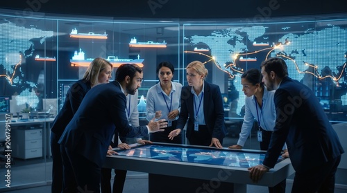 Team of business professionals analyzing global logistics and data in a high tech control center