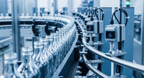 glass bottles moving on conveyor belt in factory with industrial automation
