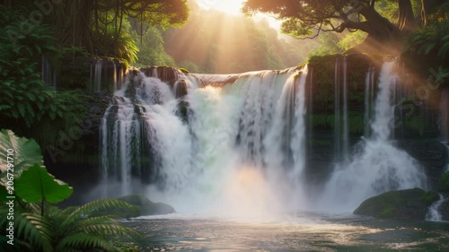Tropical Waterfall Flowing into a Forest Pool with Golden Sunlight. Seamless looping 4k video background