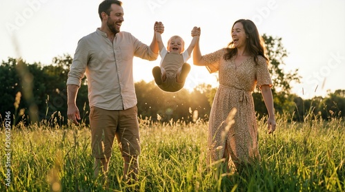 Cheerful family playing in a grassy summer field at sunset lifting their laughing toddler in the air.