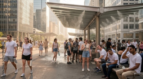 People cooling down under water misting system at public station during extreme urban heatwave summer